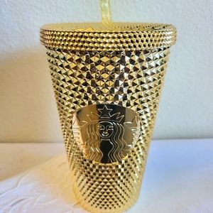 Starbucks 2022 Winter Holiday Gold Metallic Bling Grande Studded Cold Tumbler